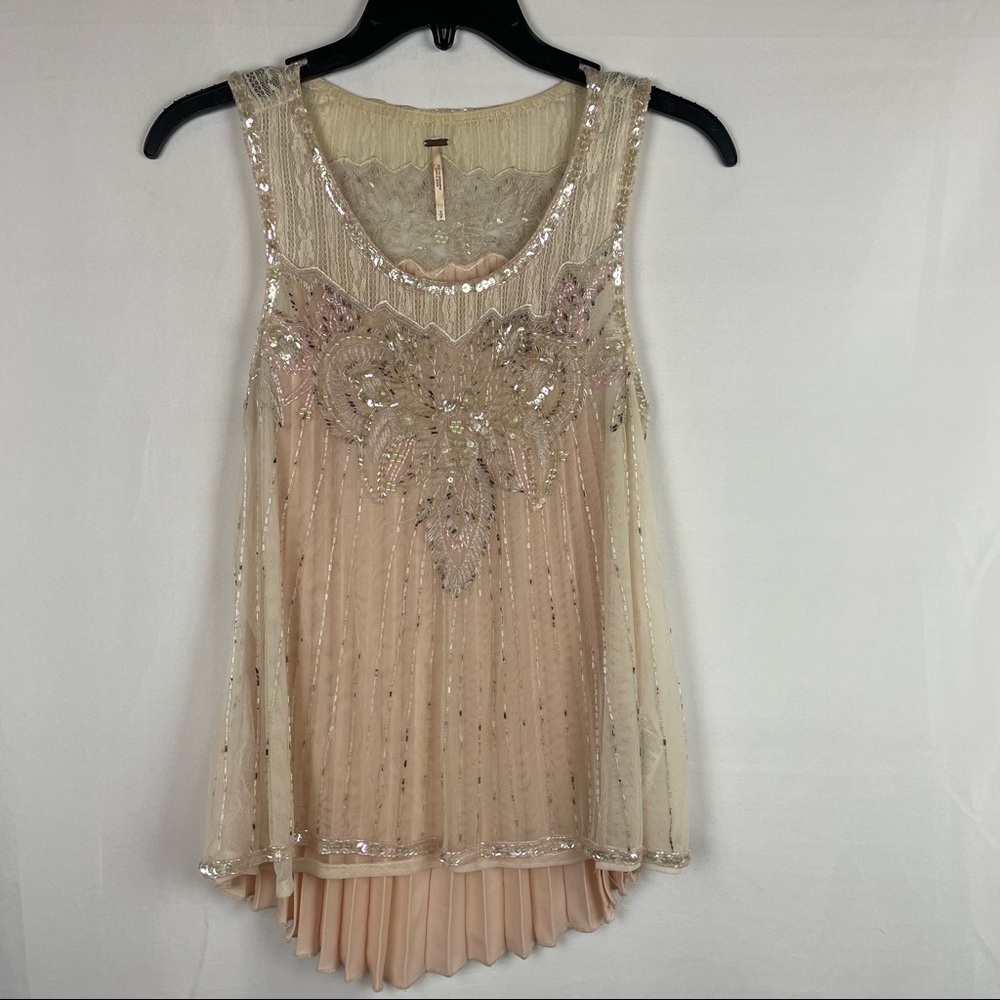 Free people beaded sequins pleated back tank blouse top size S